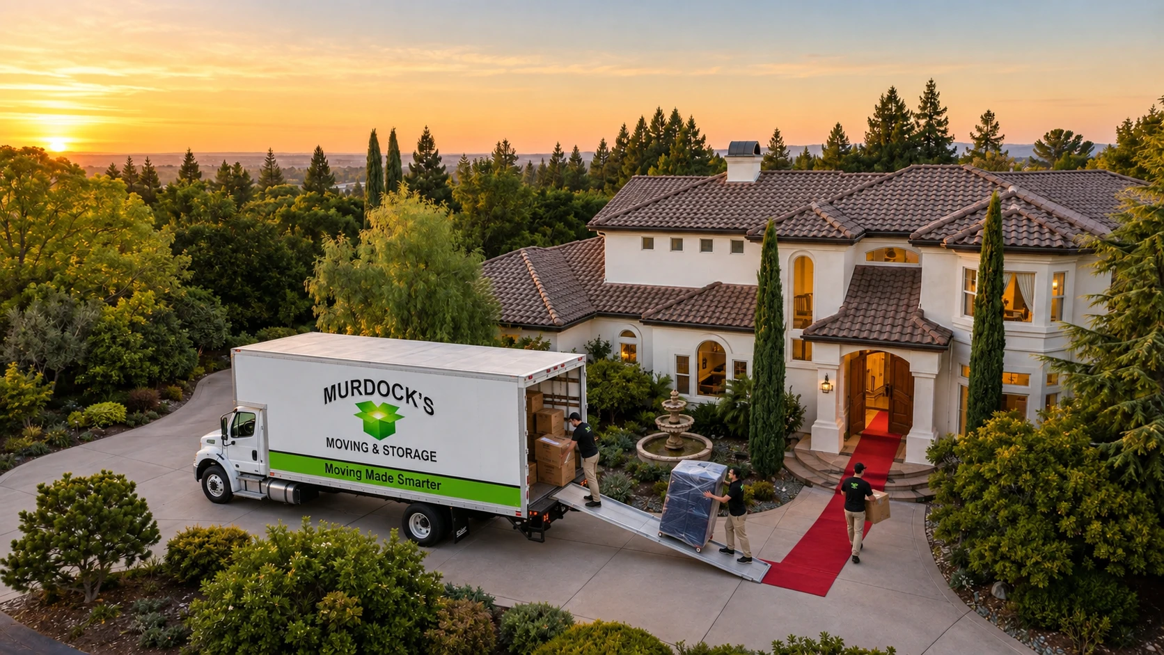 Murdock’s moving truck and loading crew outside a Northern California-style home