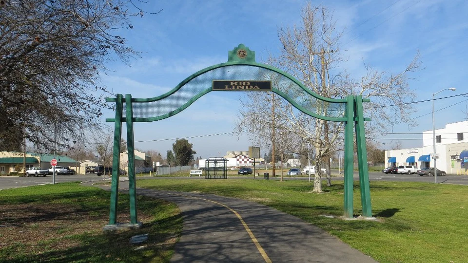 Rio Linda community entrance sign and trail in Rio Linda, California.