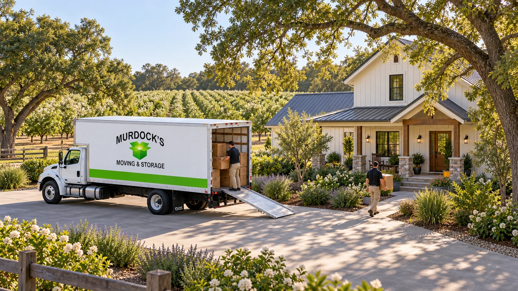 A branded moving truck at an orchard-side Northern Sacramento Valley farmhouse.