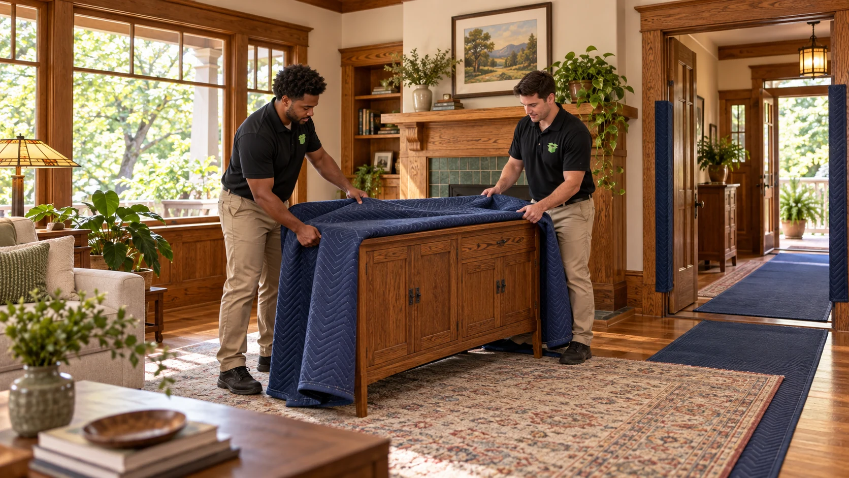 Two movers padding a sideboard in a warm Craftsman interior.