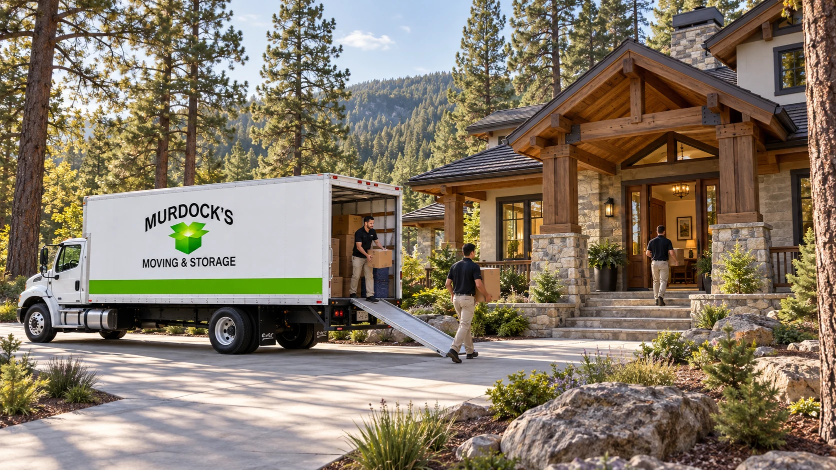 A moving truck at a pine-lined Paradise and Magalia-inspired Craftsman home.
