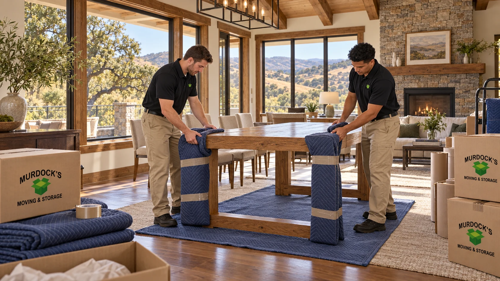 Furniture protection in a timber-and-stone foothill home interior.