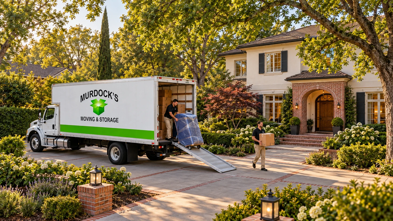 Movers and a branded truck at a leafy Sacramento-inspired home.
