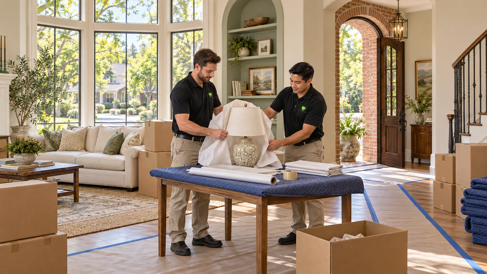 Careful lamp packing in a bright Sacramento-style home.
