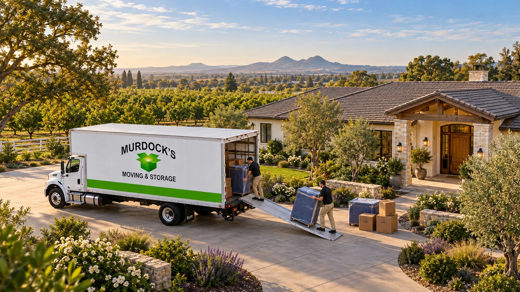 A moving truck at a Yuba-Sutter-inspired ranch home with orchards and distant buttes.